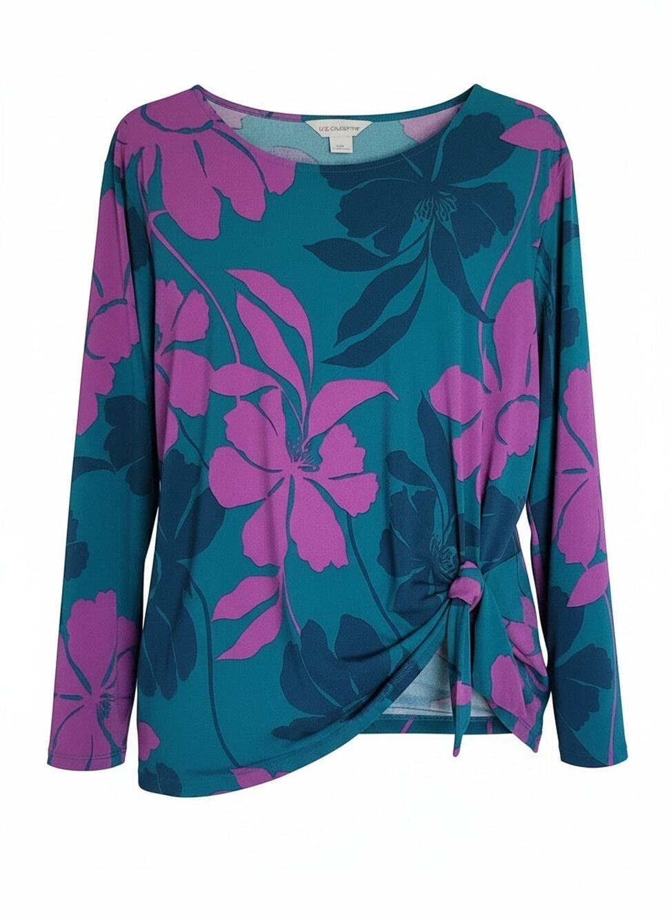 Liz Claiborne Teal & Purple Floral 3/4 Sleeve Front Tie Detail Blouse Size XXL